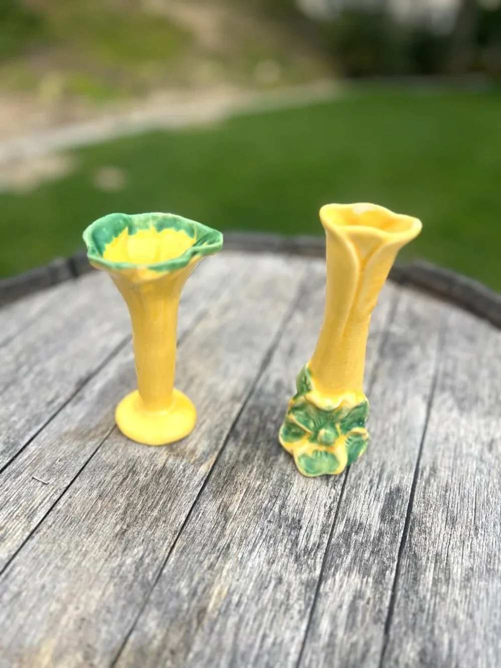 Pair of Vintage Yellow & Green Pottery Bud Vases | Cottage Floral Decor - Picture 5 of 10